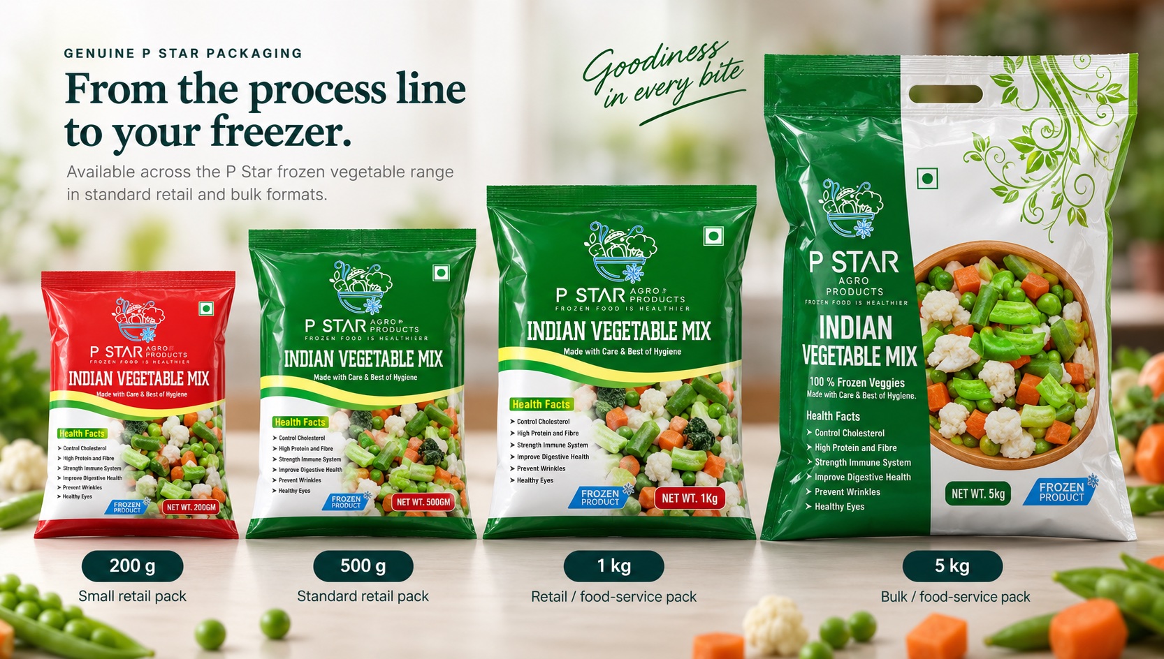 P Star Indian Vegetable Mix family packaging in 200 gram, 500 gram, 1 kilogram and 5 kilogram formats