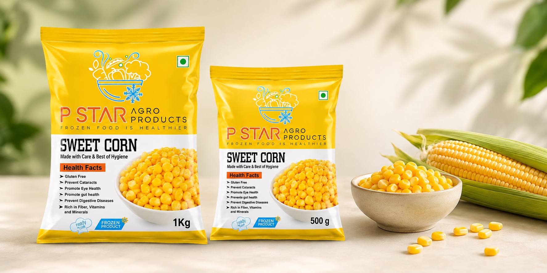 P Star Sweet Corn packs beside a bowl of corn kernels and fresh corn