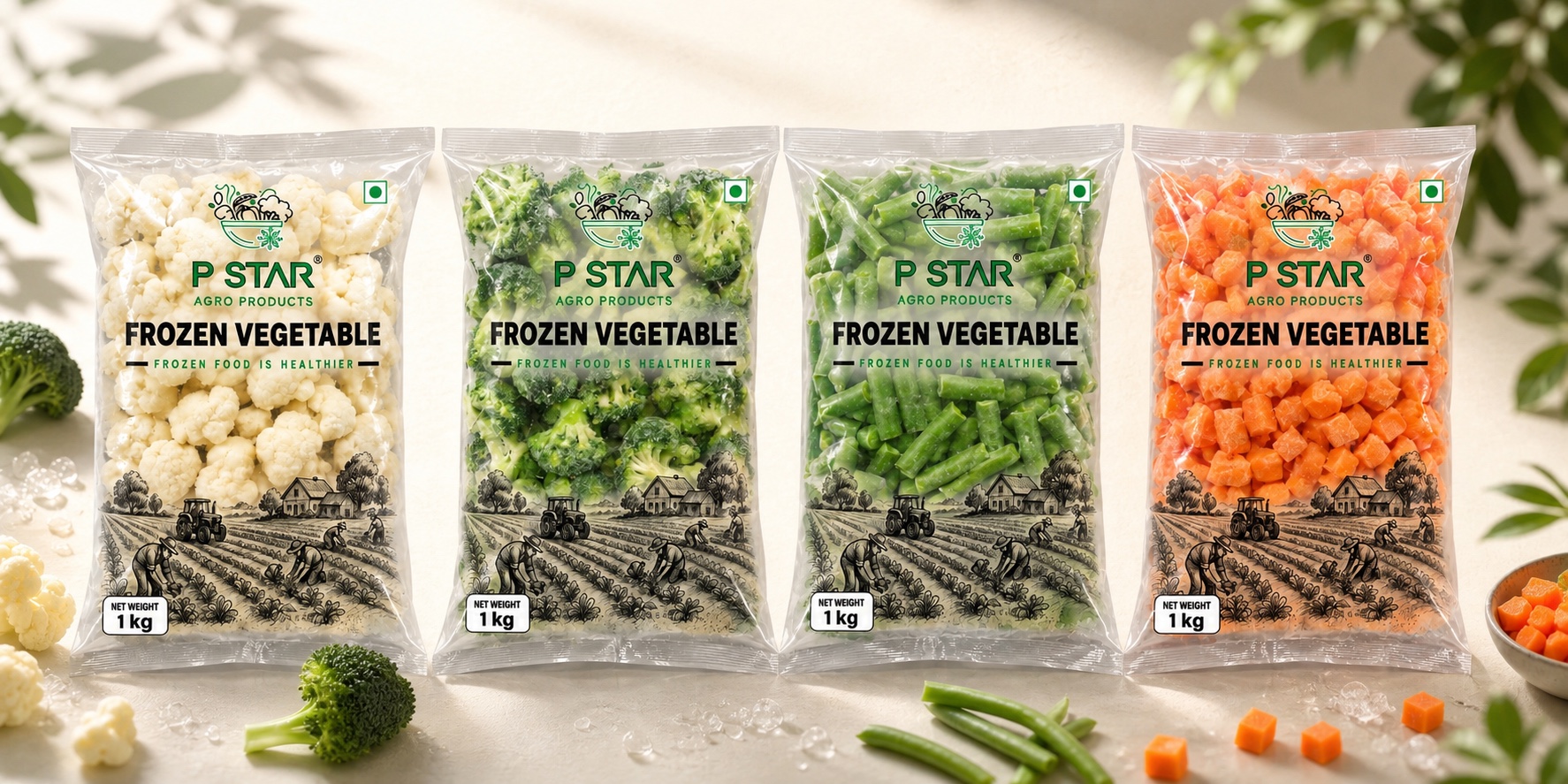P Star Cauliflower, Broccoli, Beans and Carrot packs with fresh vegetable accents