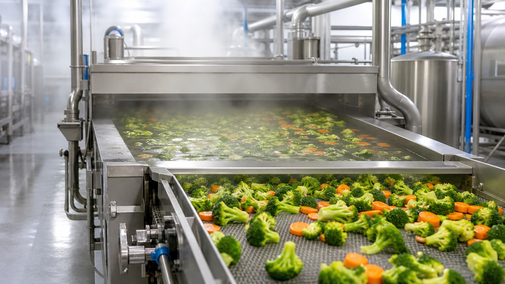 Vegetables passing through a stainless-steel blanching line