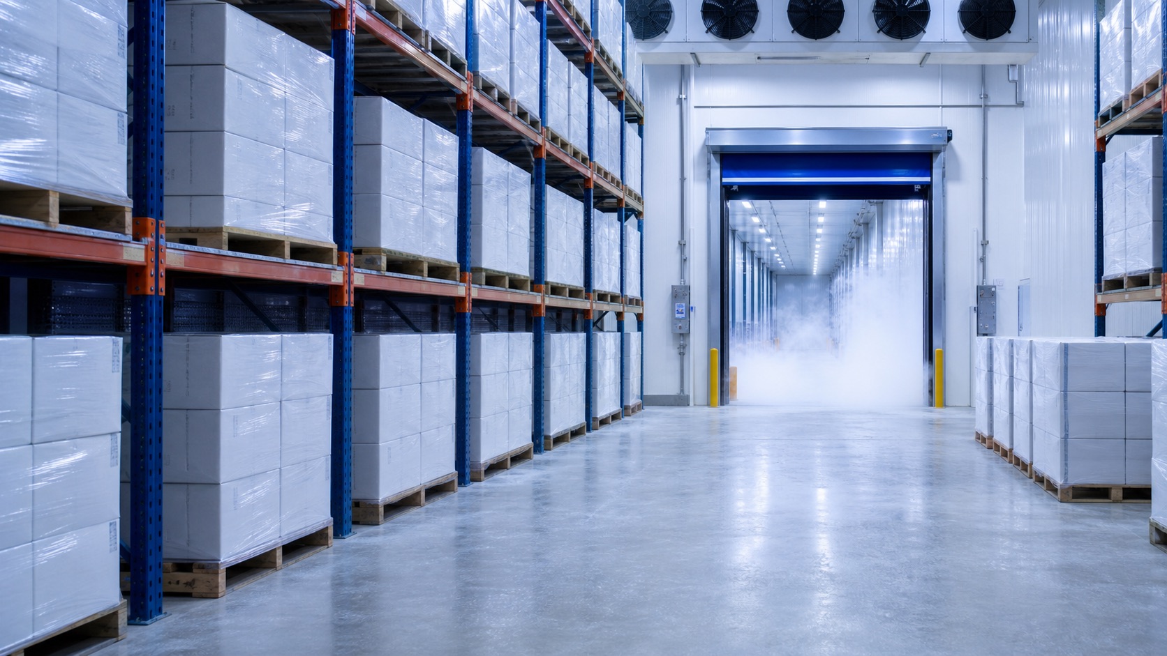 Organised frozen-food warehouse prepared for cold storage and dispatch