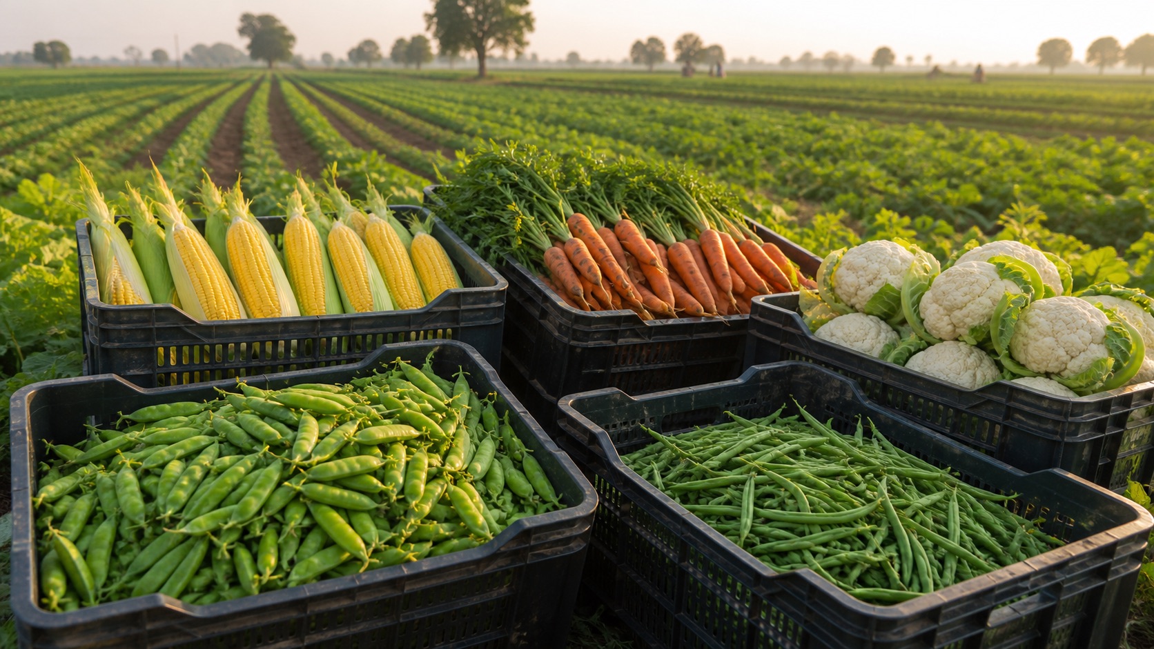 Fresh vegetables harvested in field crates for farm sourcing