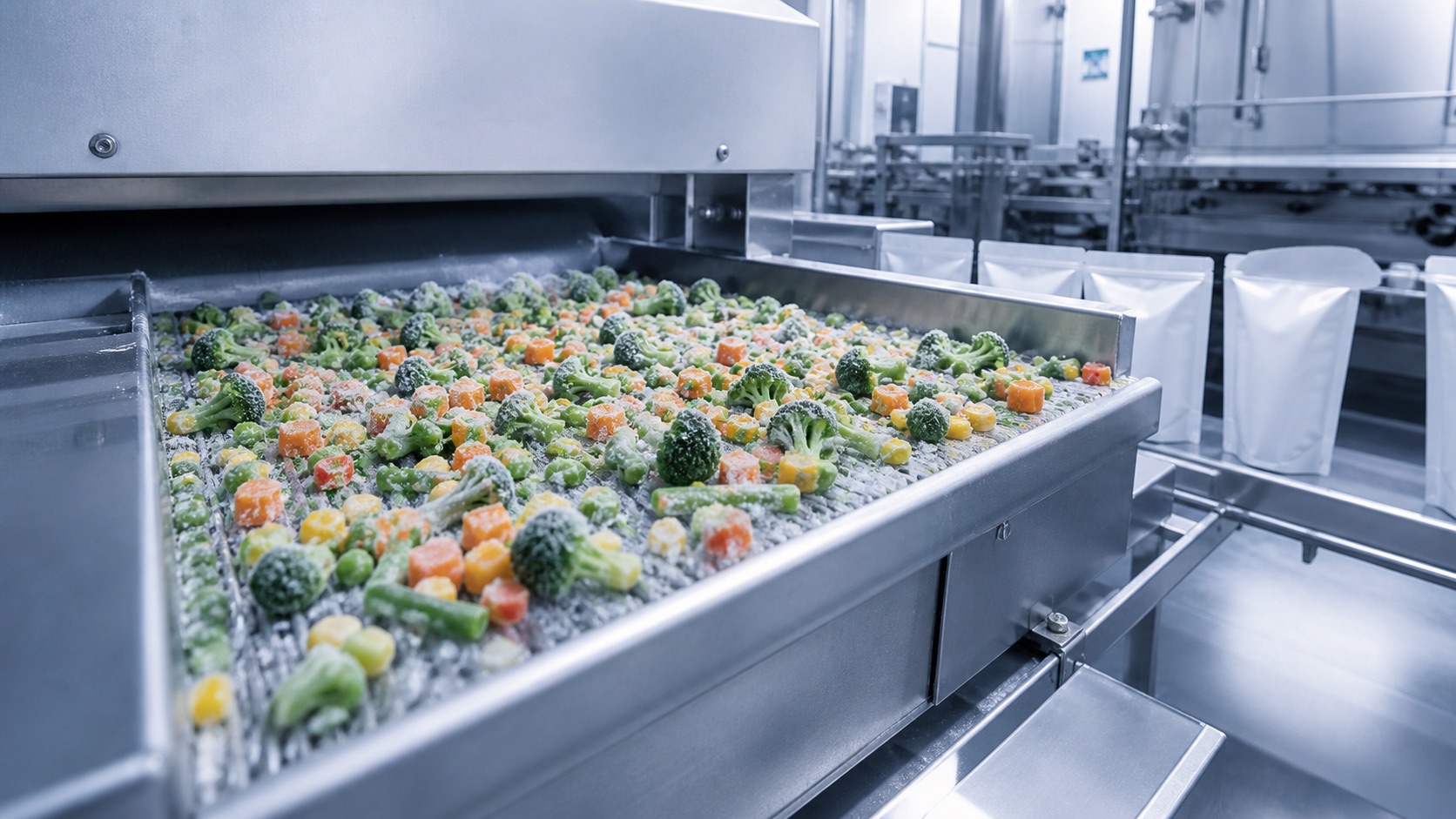 Frosted mixed vegetables moving through an industrial freezing and packing line