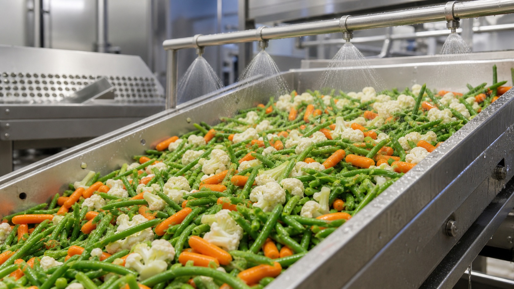 Fresh vegetables on a stainless-steel washing and sorting conveyor
