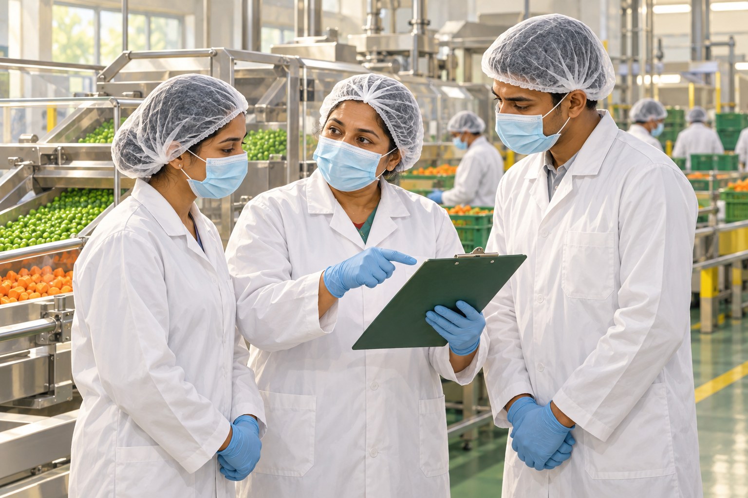 Illustrative training scene: a supervisor guiding two trainees in a vegetable-processing facility